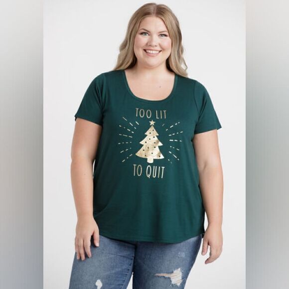 New Women's Size Small Hunter Green Too Lit To‎ Quit Scoop Neck Christmas Tee - Picture 1 of 9